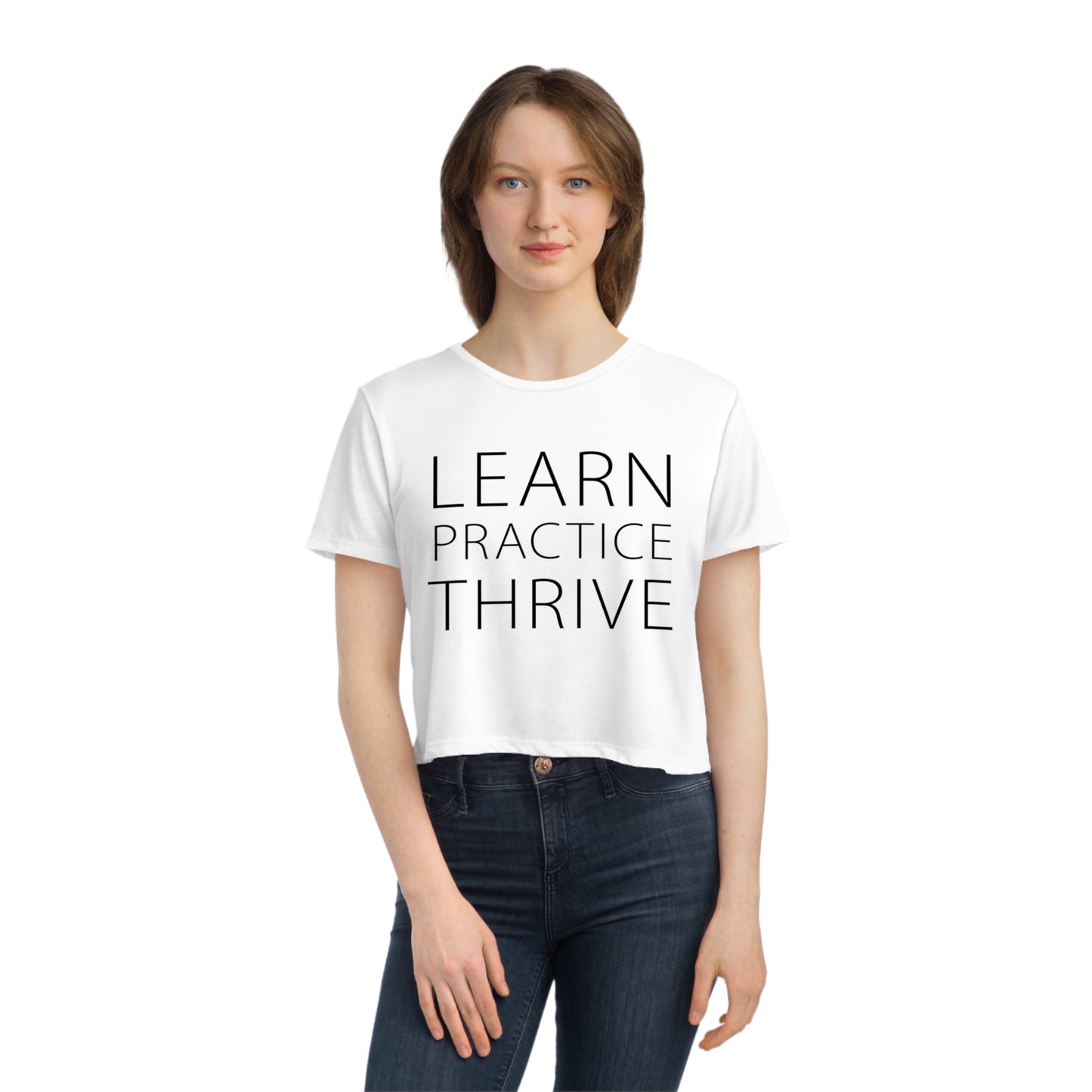 Learn Practice Thrive Women's Flowy Cropped Tee (White)